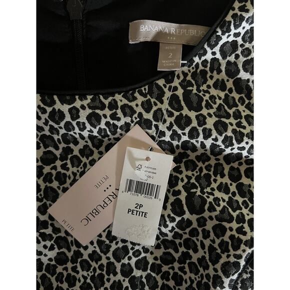 Banana Republic Dress 2 Petite White Black Gray Leopard Piping Sheath 3/4 Sl LN - Picture 11 of 15